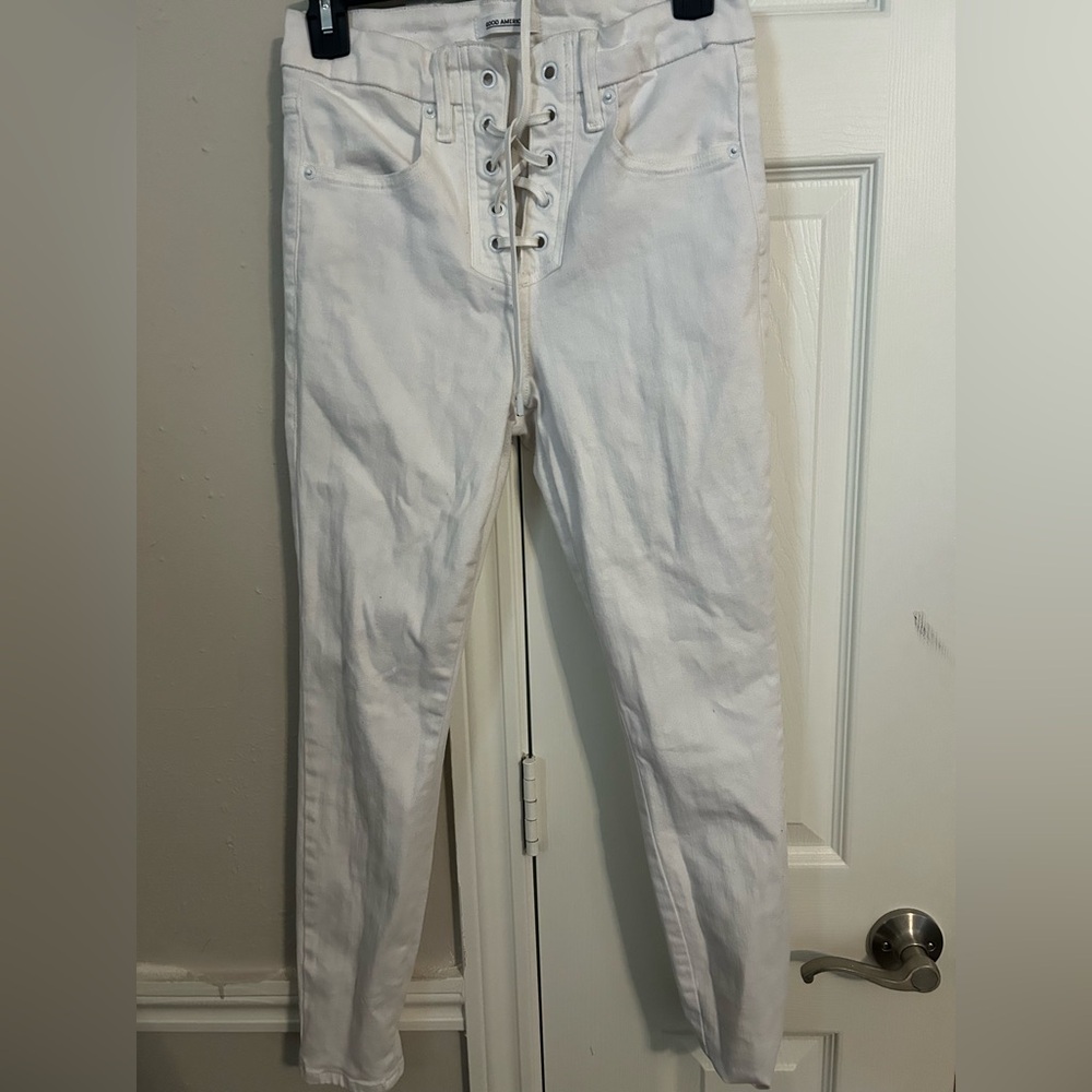 Good American High Rise White Lace-Up Jeans